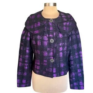 Samuel Dong Purple Shimmer Black Plaid Cropped Blazer Shawl Collar Sz XL Career